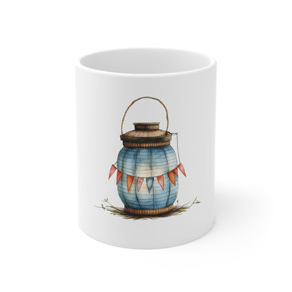 Blue Lantern Ceramic Mug — Rustic Lantern Illustration Coffee Cup
