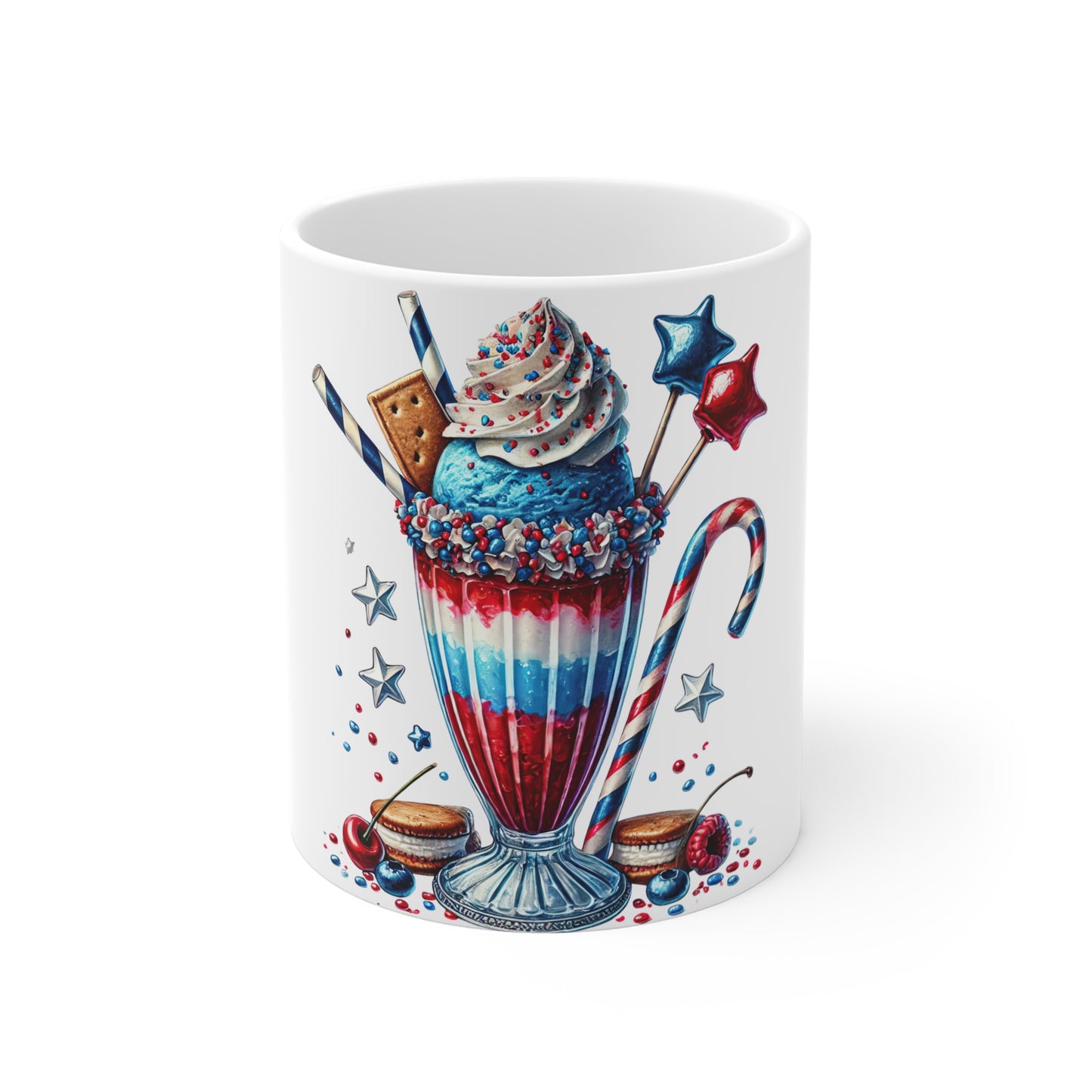 Patriotic Ice Cream Milkshake Coffee Mug – Red White Blue Dessert Mug – 4th of July Candy Cup – Americana Sweet Treat Mug – Festive Gift Mug Patriotic Red White Blue Milkshake Mug - 11oz Fourth of...