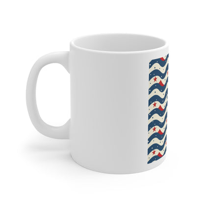 Patriotic Wave Stars Coffee Mug – Modern Americana Wave & Star Pattern Mug – Red Blue Abstract USA Cup – Coastal Patriotic Design Patriotic Wavy Stars 11oz Mug — Red White & Blue Americana Coffee Cup...