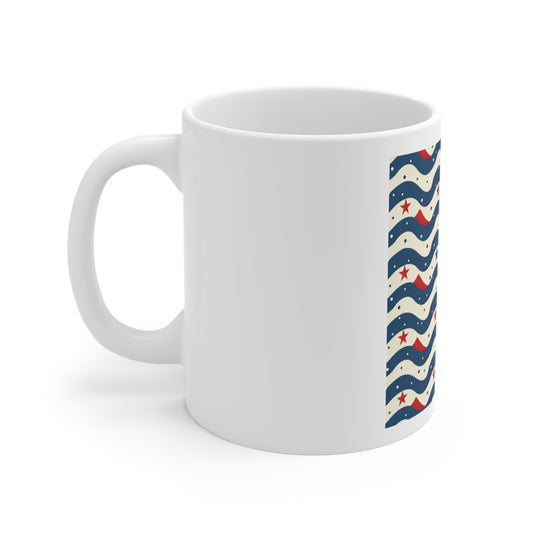 Patriotic Wave Stars Coffee Mug – Modern Americana Wave & Star Pattern Mug – Red Blue Abstract USA Cup – Coastal Patriotic Design Patriotic Wavy Stars 11oz Mug — Red White & Blue Americana Coffee Cup...