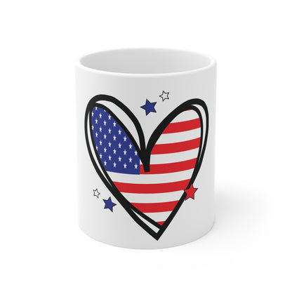 Patriotic Heart Coffee Mug – American Flag Heart Mug – Red White Blue Love USA Cup – Cute Americana Gift Mug 11oz
