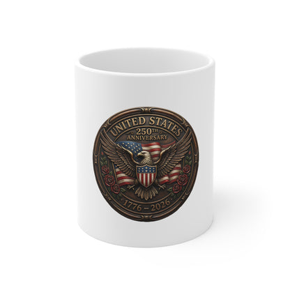 United States 250th Anniversary Coffee Mug – Bronze Patriotic Eagle Shield Mug – 1776–2026 USA Commemorative Cup – Vintage Americana Gift Mug 11oz