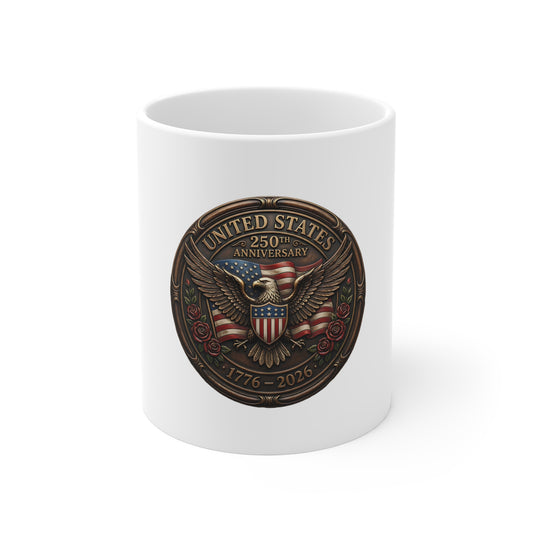 United States 250th Anniversary Coffee Mug – Bronze Patriotic Eagle Shield Mug – 1776–2026 USA Commemorative Cup – Vintage Americana Gift Mug 11oz