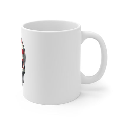 Vintage Patriotic Skull Coffee Mug – American Flag Skull Face Mug – Distressed USA Skull Cup – Classic Americana Gift Mug 11oz