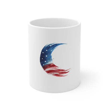 11oz Patriotic Crescent Moon Mug — American Flag Watercolor Coffee Cup