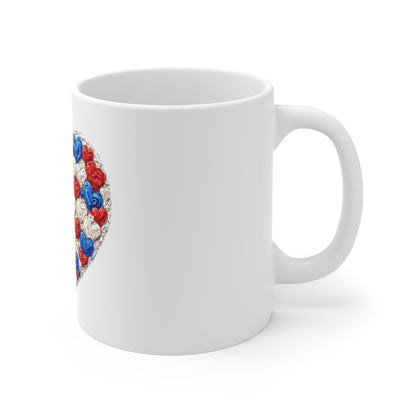 Patriotic Heart Mug — Red White Blue Heart Pattern 11oz Coffee Cup