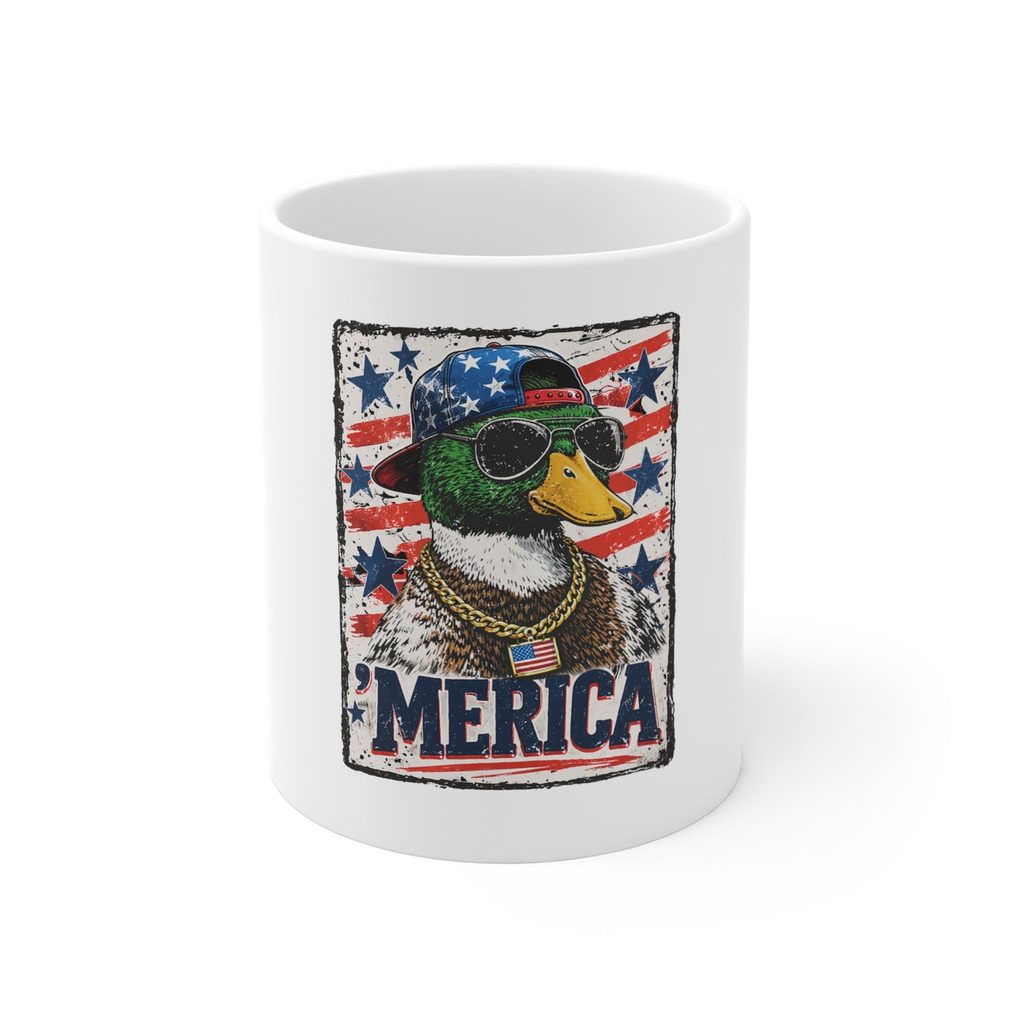 ‘Merica Duck Mug – Patriotic Duck Coffee Cup – Vintage USA Freedom Humor Design Mug 11oz