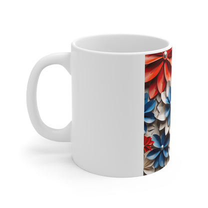 Patriotic 3D Floral Coffee Mug – Red White Blue Layered Flower Mug – Modern Sculpted Botanical Cup – Bold Americana Design Mug Floral Red White Blue Ceramic Mug — Patriotic 11oz Flower Pattern