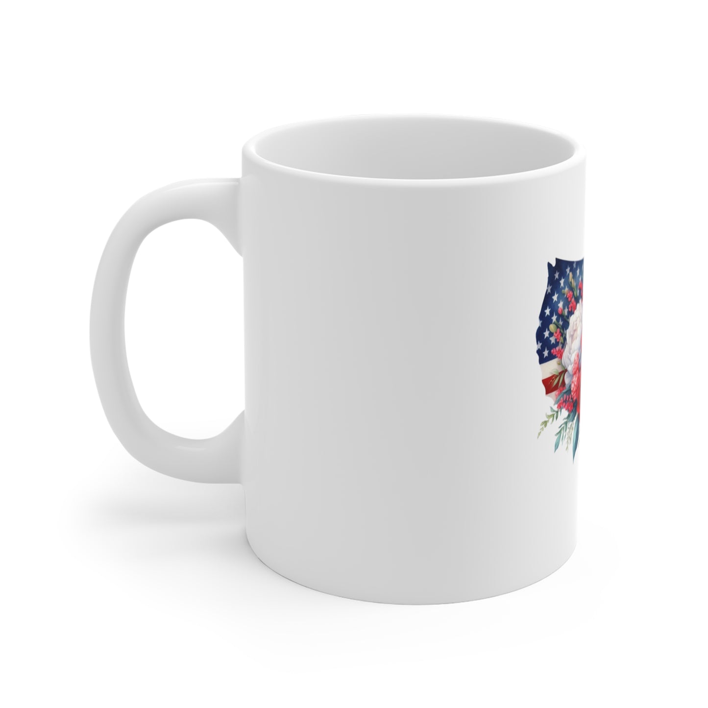 Patriotic Floral USA Map Mug — American Flag with Red & White Roses (11 oz)
