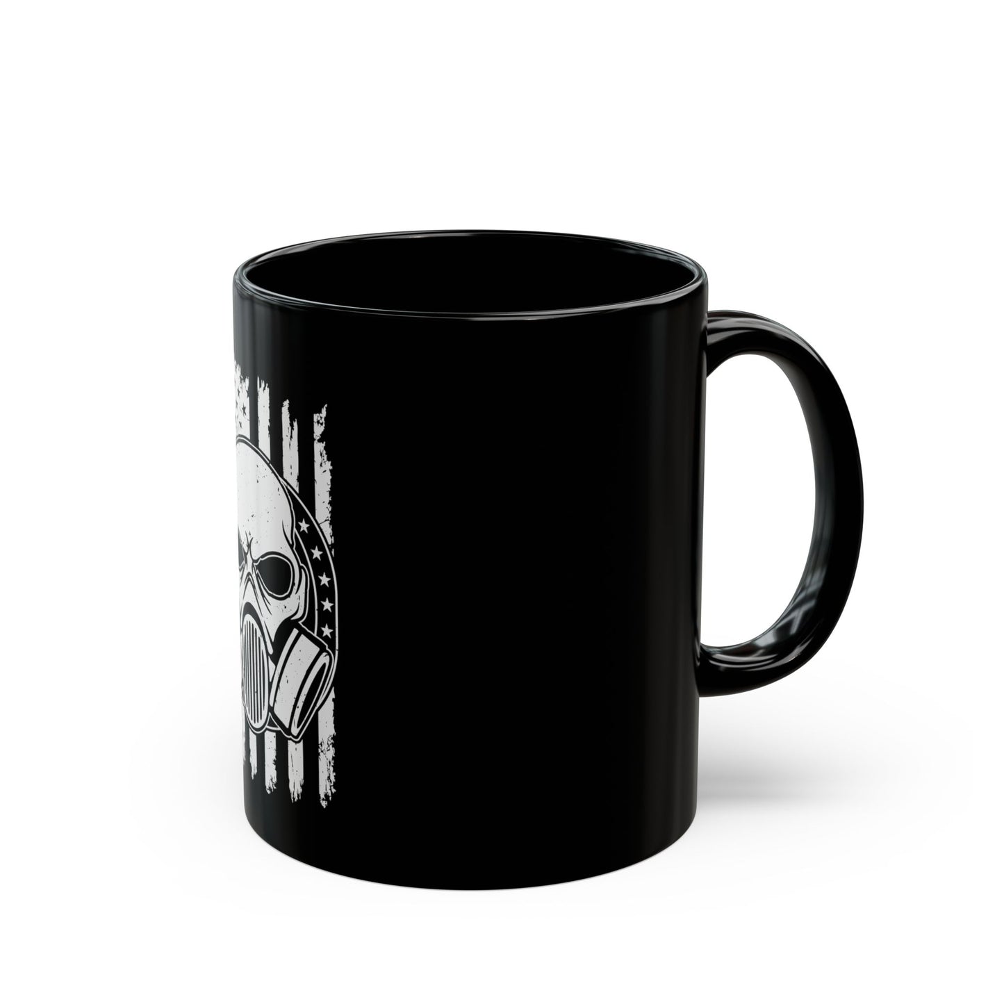 Gas Mask Skull Flag Mug – Tactical Skull Coffee Cup – Black & White American Flag Survival Design Black Mug (11oz, 15oz)