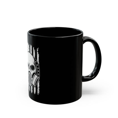 Gas Mask Skull Flag Mug – Tactical Skull Coffee Cup – Black & White American Flag Survival Design Black Mug (11oz, 15oz)