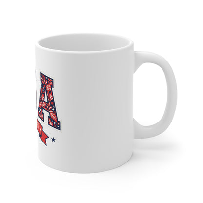 USA Est. 1776 Ceramic Mug — Patriotic American Flag Floral Design