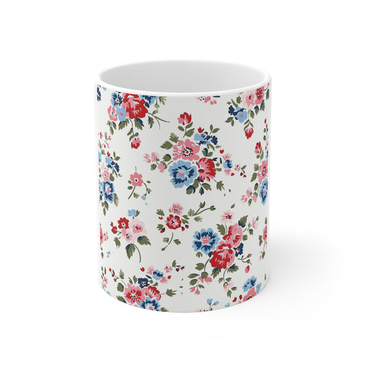 Patriotic Cottage Floral Coffee Mug – Red White Blue Garden Mug – Vintage Americana Flower Cup – Soft Country Floral Mug Floral Vintage Rose 11oz Ceramic Mug