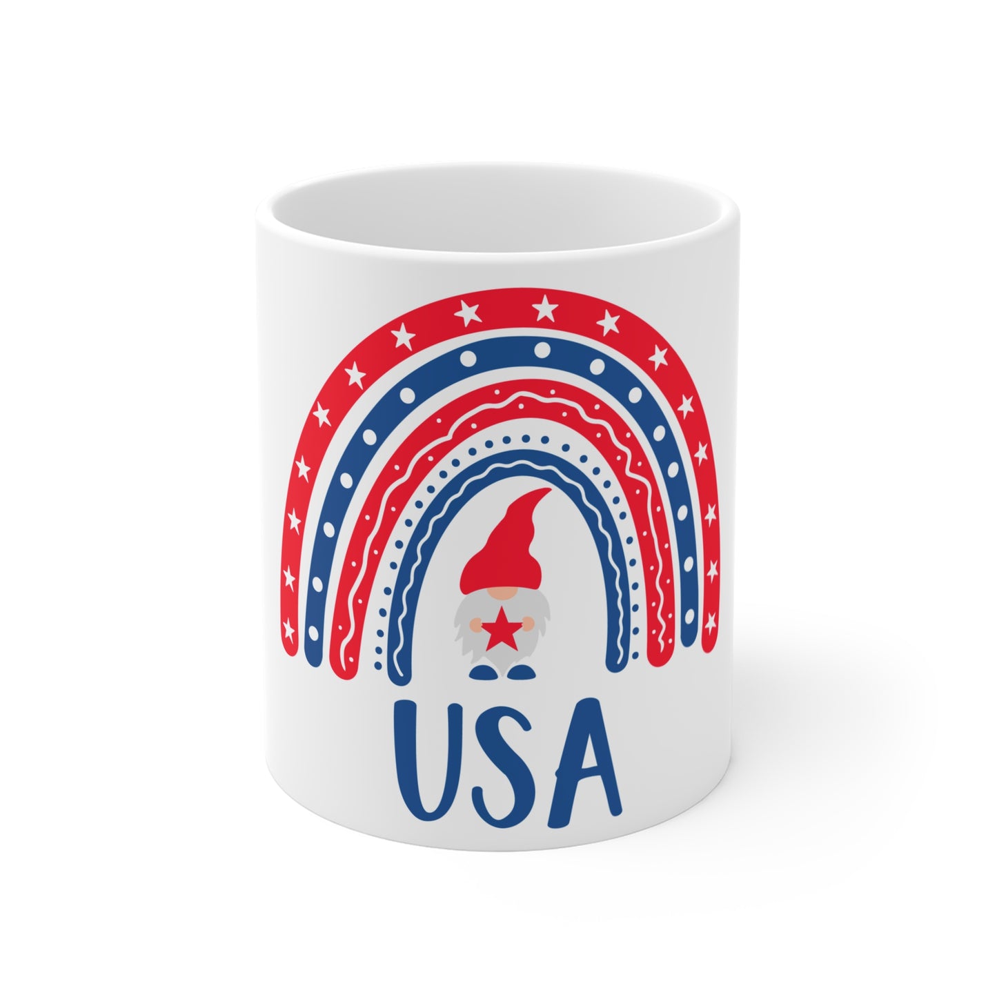 USA Gnome Coffee Mug – Whimsical Patriotic Rainbow Gnome Design – Cute Red White Blue Mug – 4th of July Gift Mug 11oz