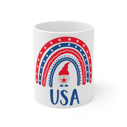USA Gnome Coffee Mug – Whimsical Patriotic Rainbow Gnome Design – Cute Red White Blue Mug – 4th of July Gift Mug 11oz