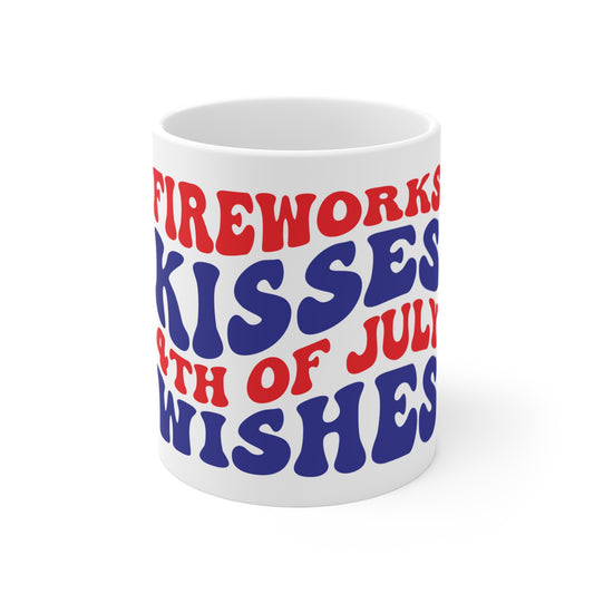 Fireworks Kisses 4th of July Wishes Coffee Mug – Patriotic Retro Typography Mug – Cute Americana Celebration Cup – Independence Day Gift Mug Mug 11oz