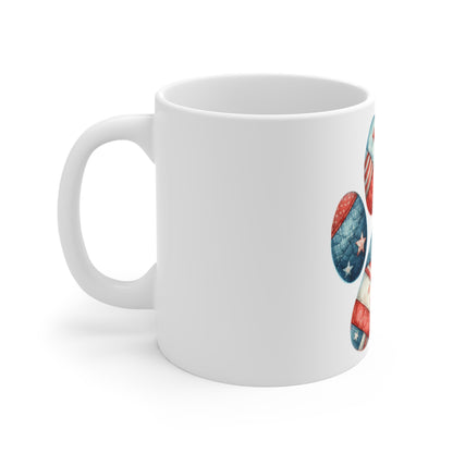 Patchwork Americana Paw Coffee Mug – Soft Vintage Patriotic Dog Paw Mug – Red White Blue Quilt Style Mug – USA Dog Lover Gift Patriotic Paw Print Mug – 11oz American Flag Pet Lover Coffee Cup