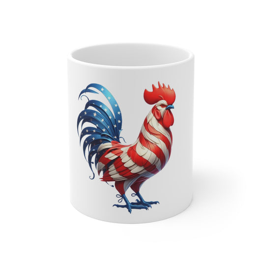 Patriotic Rooster Coffee Mug – American Flag Stylized Rooster – Red White Blue Elegant Chicken Mug – USA Pride Gift American Flag Rooster Mug — Patriotic 11oz Coffee Cup