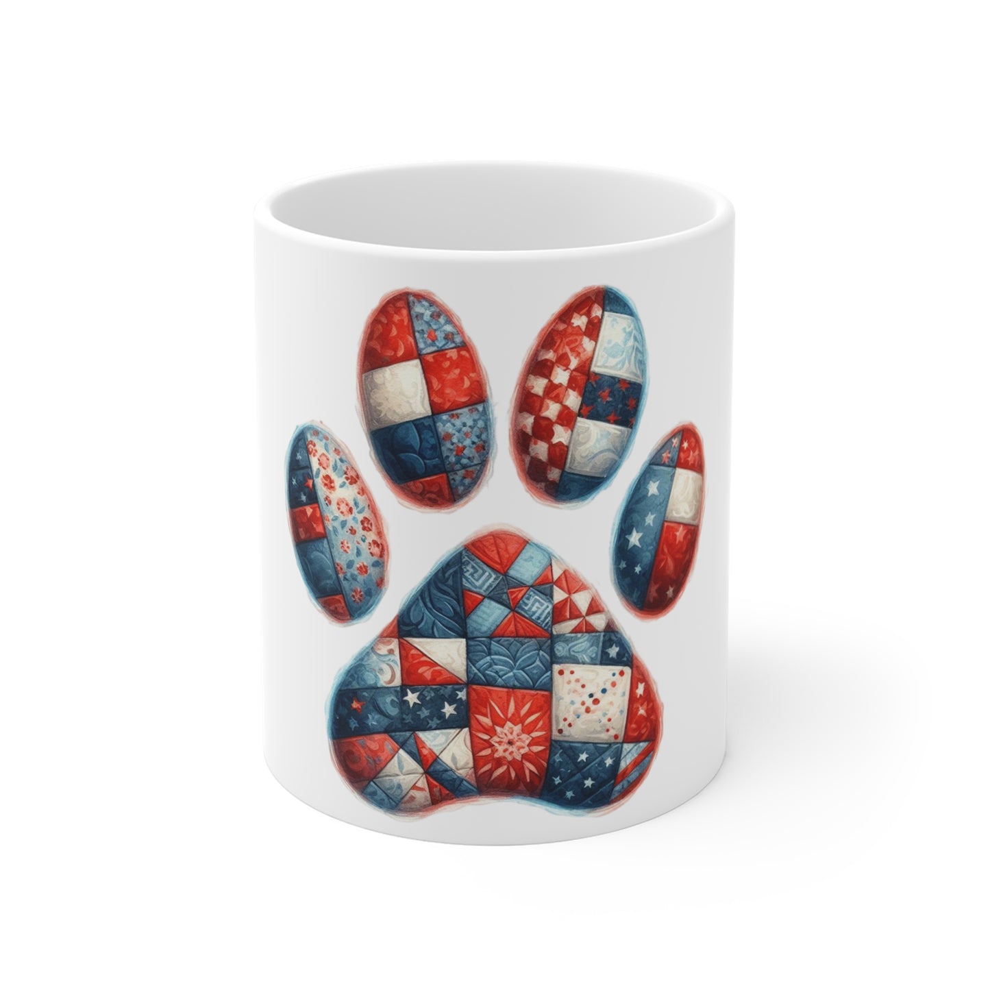 Patriotic Mosaic Dog Paw Coffee Mug – Americana Quilt Patch Paw Print Mug – Red White Blue Dog Lover Mug – USA Pet Gift Cup Patriotic Quilted Paw 11oz Mug — Red White Blue Dog Lover Gift