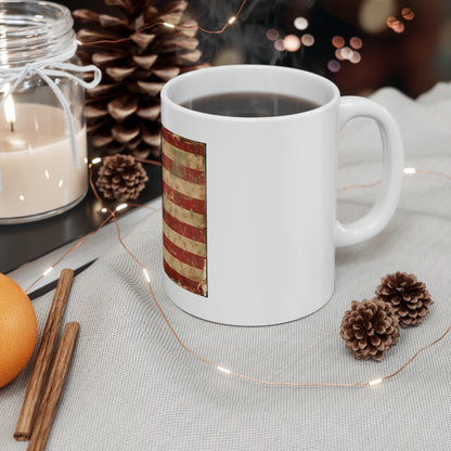 Vintage Flowing American Flag Coffee Mug – Distressed Retro USA Flag Mug – Worn Americana Stripe Design – Classic Patriotic Gift Vintage American Flag Mug - Patriotic 11oz Coffee Cup