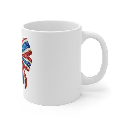 Patriotic American Flag Bow Mug - 11oz Fourth of July Coffee Cup