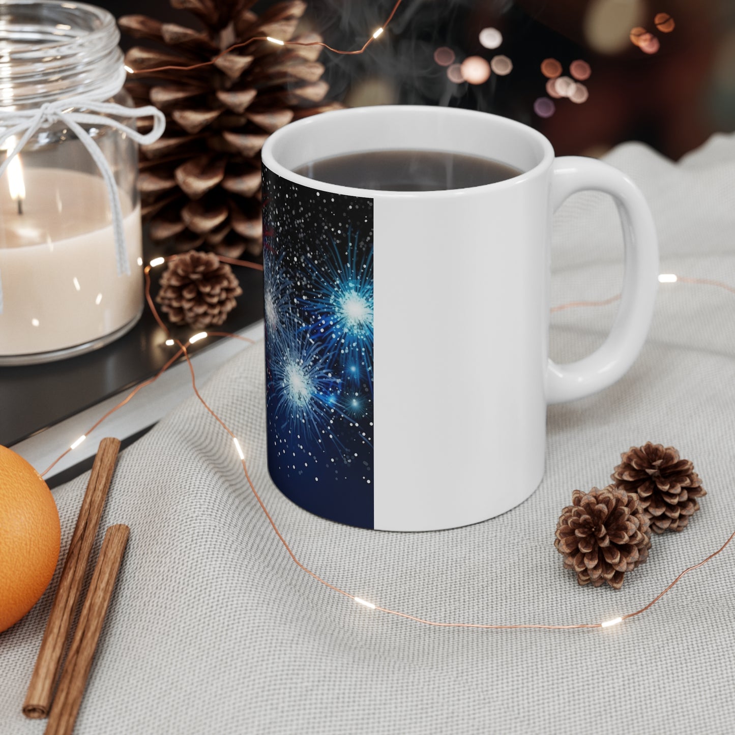 Patriotic Fireworks Night Coffee Mug – Red White Blue Burst Mug – Starry Sky Celebration Cup – Independence Day Firework Design Patriotic Fireworks Coffee Mug – Red White Blue 11oz Ceramic