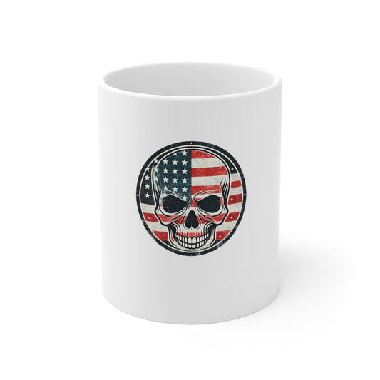 Vintage Patriotic Skull Coffee Mug – Distressed American Flag Skull Badge – Retro USA Skull Cup – Classic Americana Gift Mug 11oz