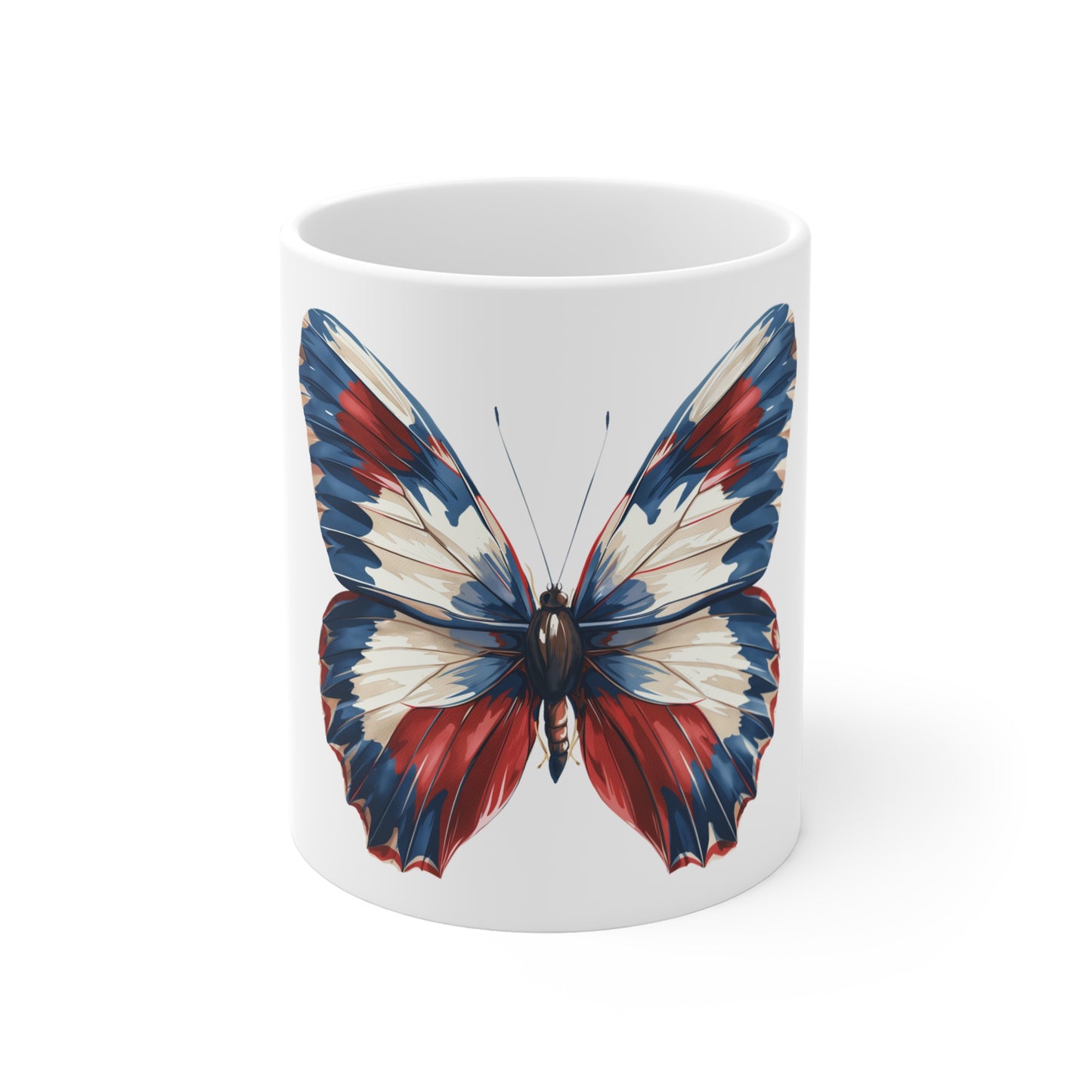 Patriotic Painterly Butterfly Mug – Red White Blue Brush Blend Butterfly Coffee Mug – Artistic Americana Nature Cup – USA Gift Mug Mug 11oz