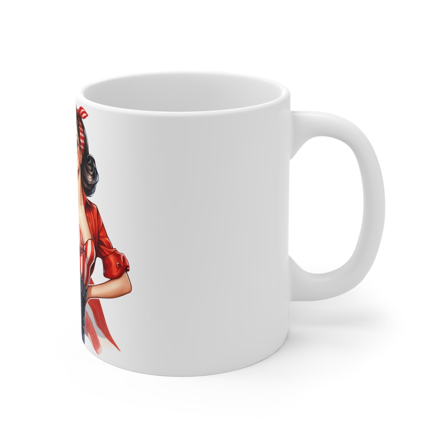 Patriotic Retro Pin Up Woman Mug – American Flag Vintage Style Coffee Mug – USA Pride Cup – 4th of July Gift – Bold Americana Pin Up Patriotic Pin-Up Coffee Mug — American Flag Retro Rosie Girl 11oz...