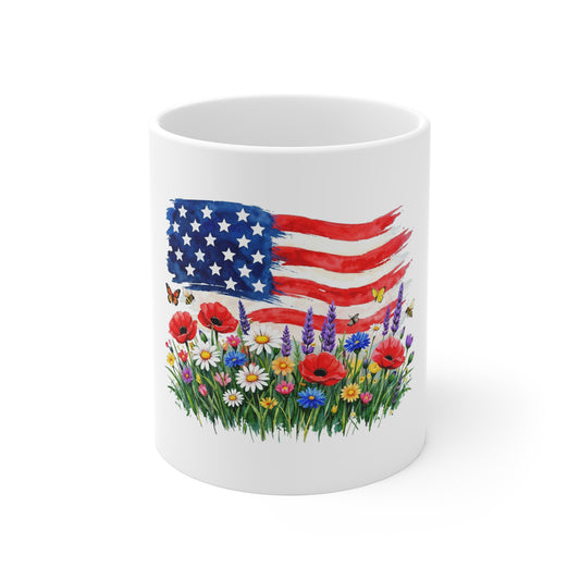 American Flag Floral Mug — Patriotic Garden 11oz Coffee Cup