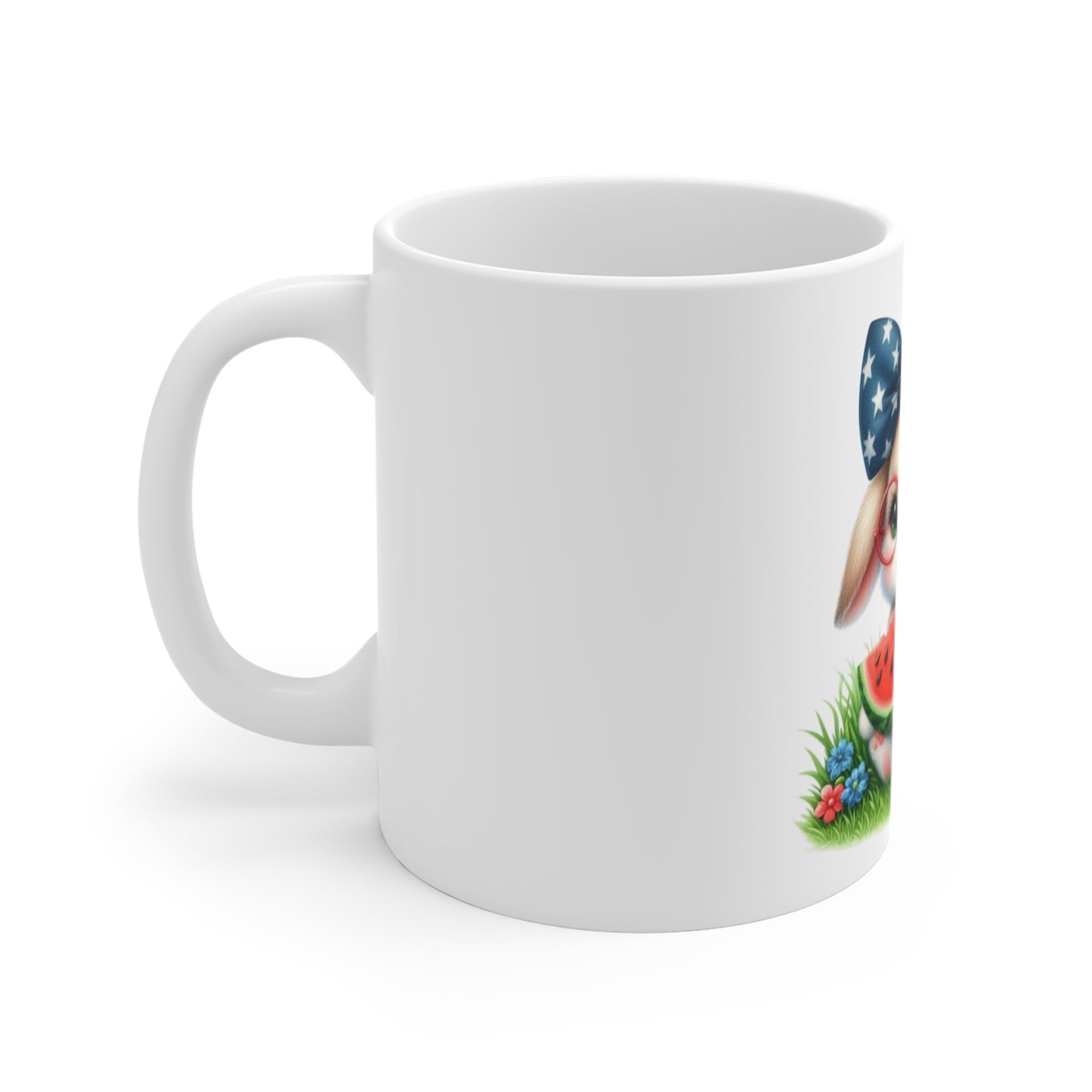 Cute Patriotic Bunny Coffee Mug – Watermelon Bunny Mug – Kawaii USA Rabbit Mug – Red White Blue Summer Gift Cup 11oz