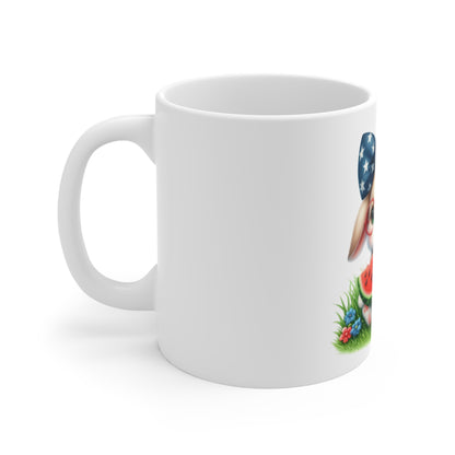 Cute Patriotic Bunny Coffee Mug – Watermelon Bunny Mug – Kawaii USA Rabbit Mug – Red White Blue Summer Gift Cup 11oz