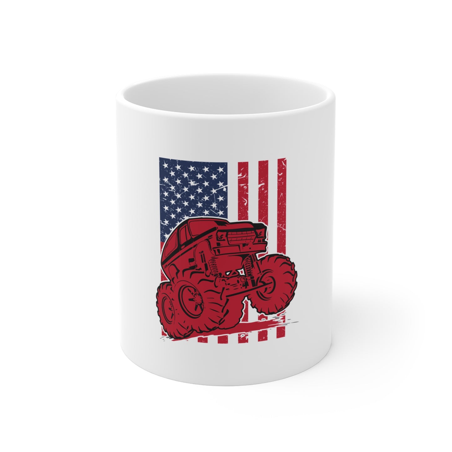 Patriotic Monster Truck Mug – Red Off-Road Truck Coffee Cup – American Flag 4x4 Freedom Design Mug 11oz