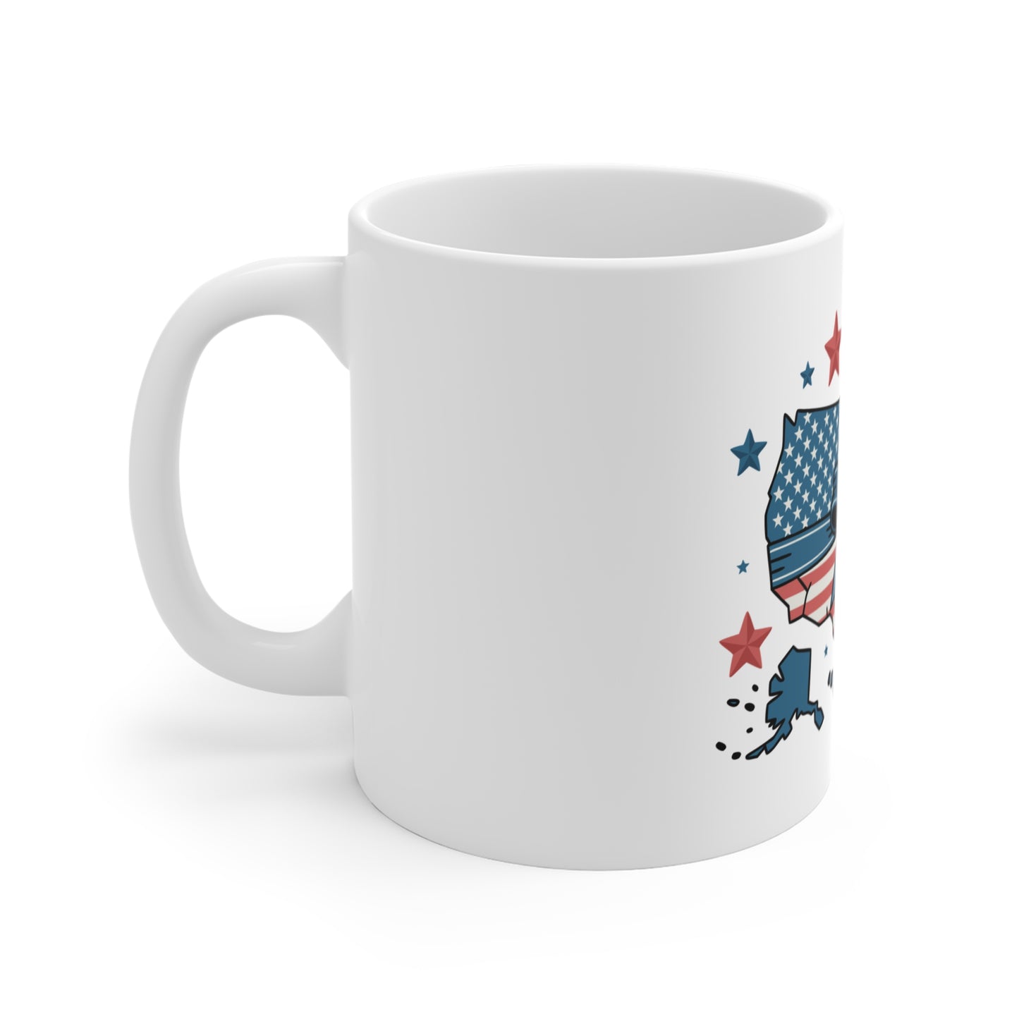 Patriotic USA Map Mug — Red, White & Blue Stars Coffee Cup (11 oz)