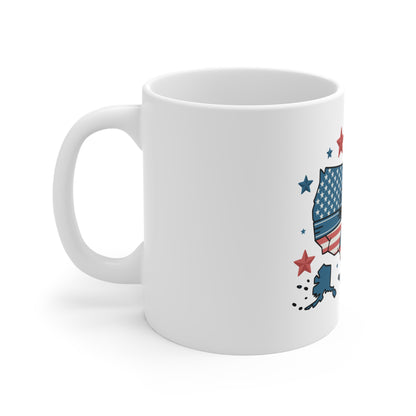 Patriotic USA Map Mug — Red, White & Blue Stars Coffee Cup (11 oz)