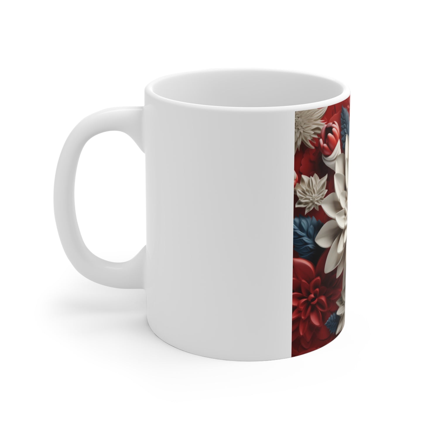 Patriotic 3D Dahlia Flower Coffee Mug – Red White Blue Sculpted Floral Mug – Bold Botanical Art Cup – Premium Americana Statement Mug Floral Dahlia Ceramic Mug — Red & Ivory 11oz