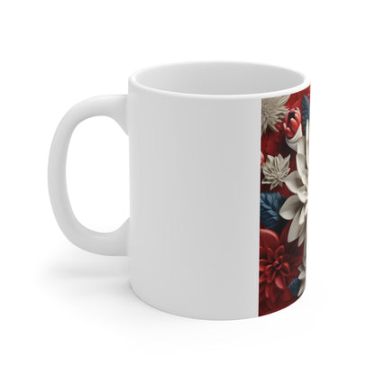 Patriotic 3D Dahlia Flower Coffee Mug – Red White Blue Sculpted Floral Mug – Bold Botanical Art Cup – Premium Americana Statement Mug Floral Dahlia Ceramic Mug — Red & Ivory 11oz