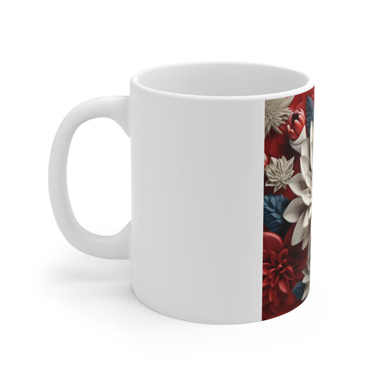 Patriotic 3D Dahlia Flower Coffee Mug – Red White Blue Sculpted Floral Mug – Bold Botanical Art Cup – Premium Americana Statement Mug Floral Dahlia Ceramic Mug — Red & Ivory 11oz