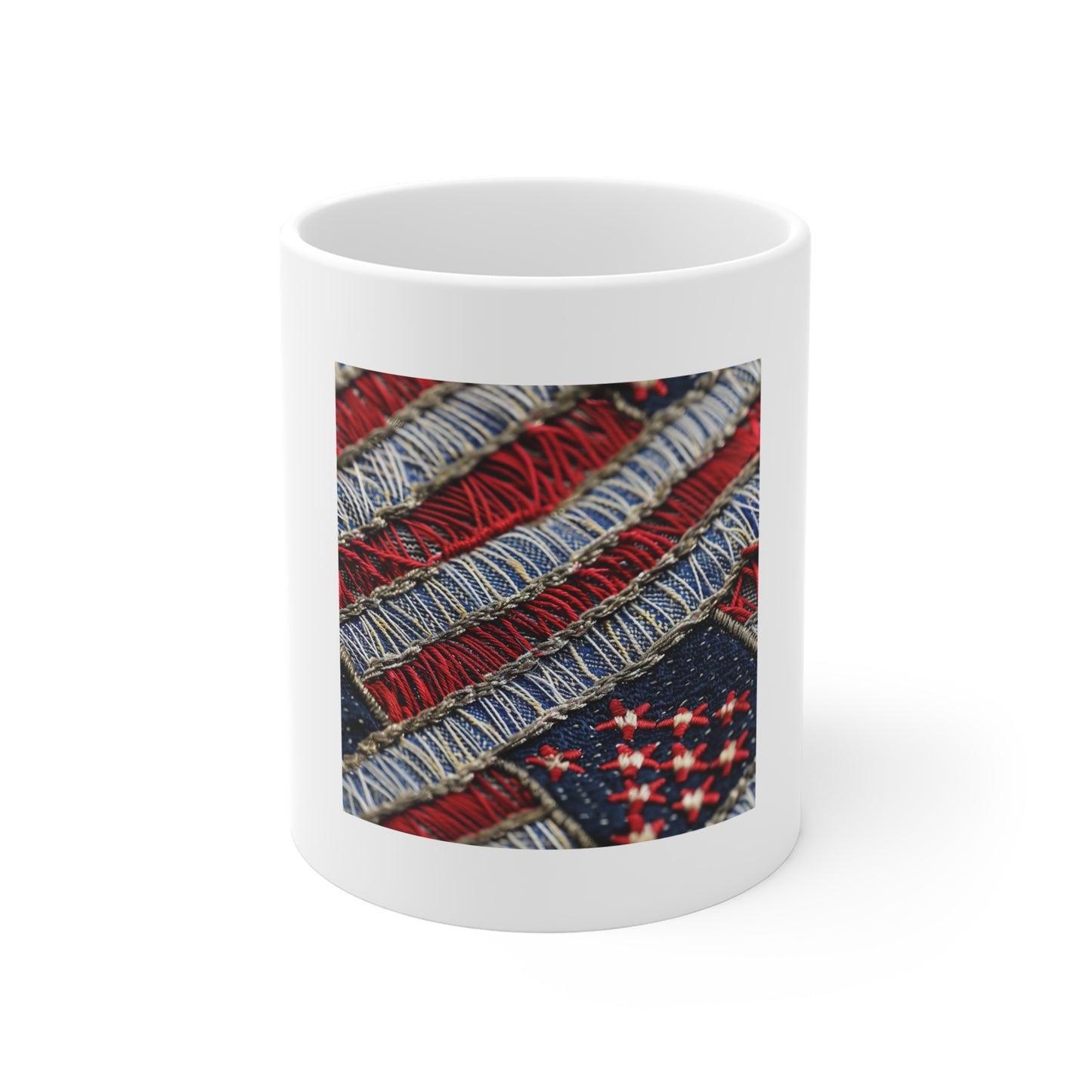 Denim American Flag Coffee Mug – Frayed Stitch Patriotic Design – Shallow Focus Americana Mug – Woven USA Flag Cup Embroidered American Flag Mug — Patriotic 11oz Coffee Cup