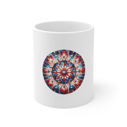 Stained Glass Starburst Mug – Patriotic Mandala Coffee Mug – Red White Blue Art Cup – Americana Star Design Gift Mug 11oz