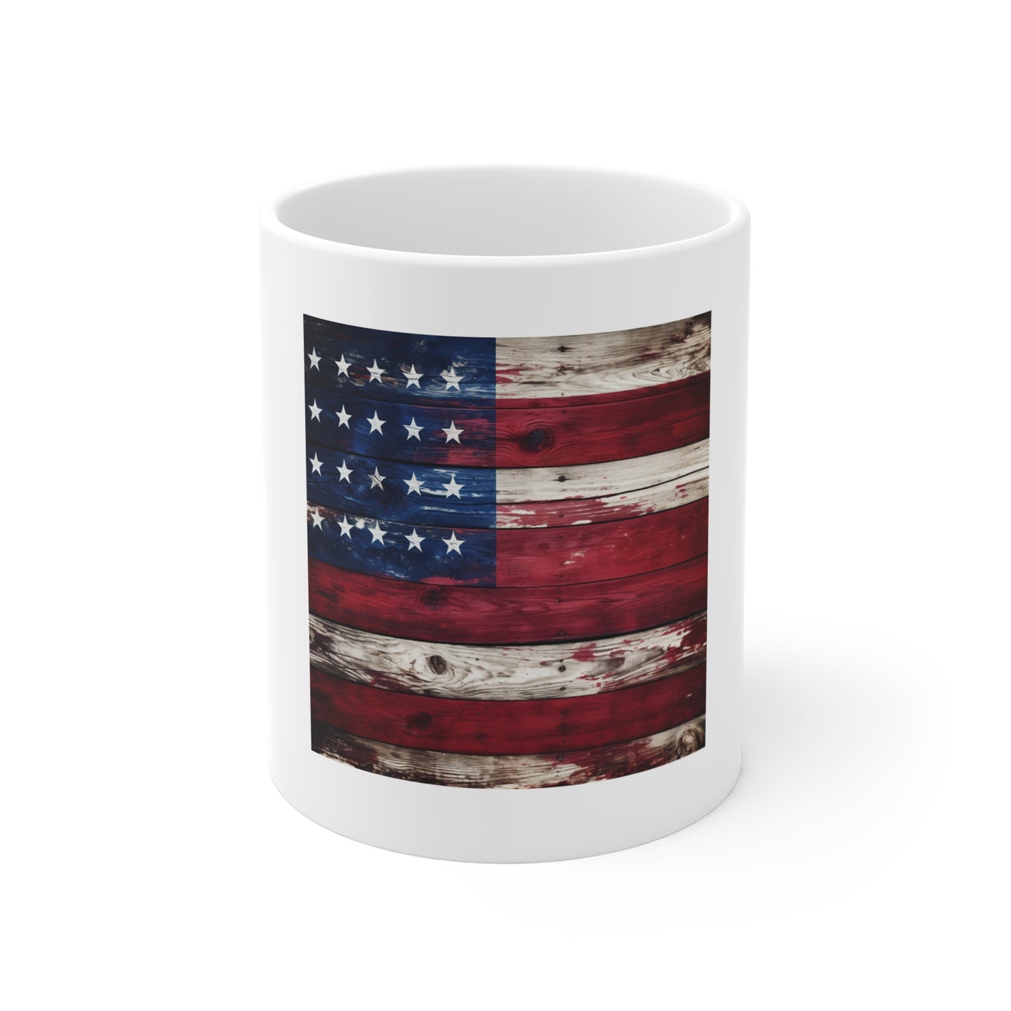 Classic Rustic American Flag Wood Coffee Mug – Weathered USA Flag Mug – Vintage Painted Wood Patriotic Cup – Americana Gift Distressed American Flag Mug — Rustic Patriotic 11oz Coffee Cup