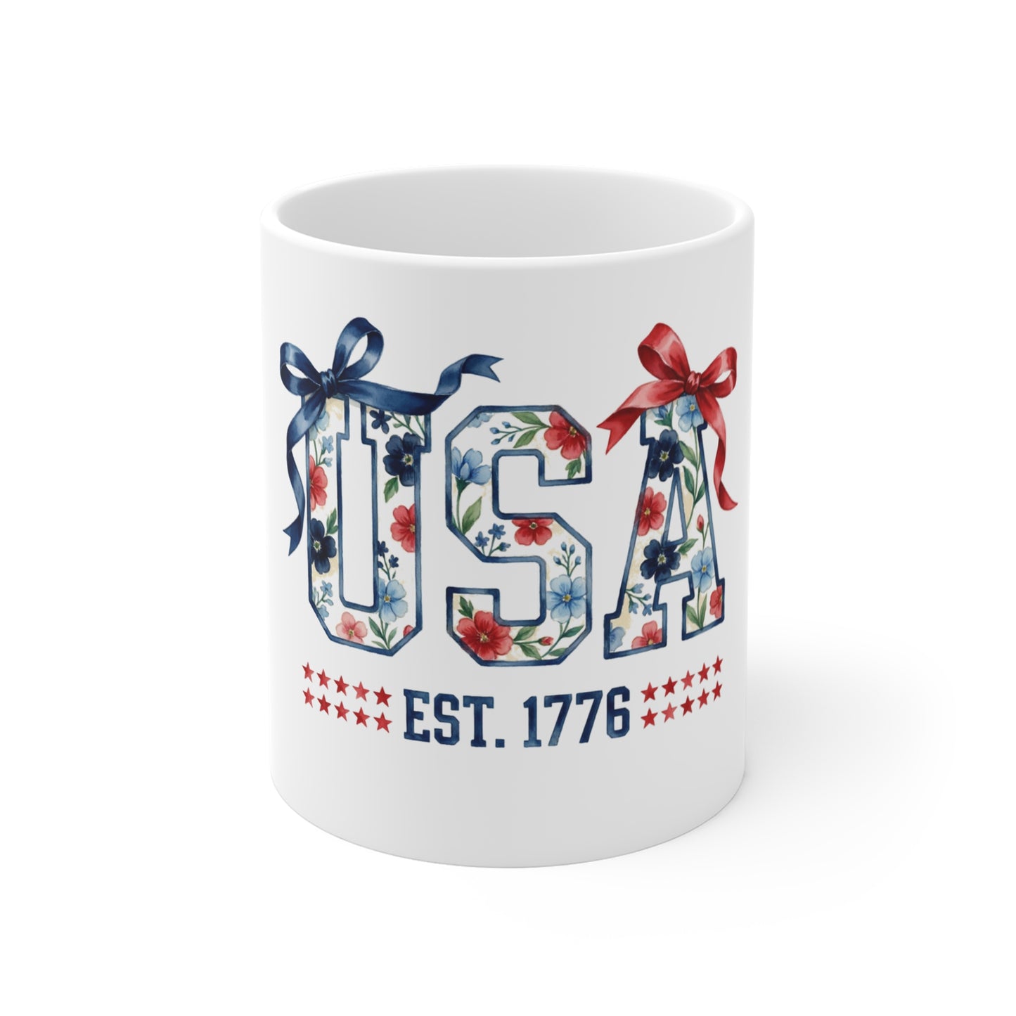 USA Est 1776 Floral Coffee Mug – Patriotic Red Blue Flower Mug – Americana Bow Design Cup – Vintage Style Gift Mug Mug 11oz