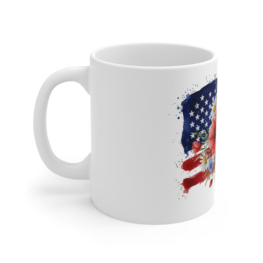 Patriotic Floral Flag Mug — American Flag with Poppies & Daisies 11oz