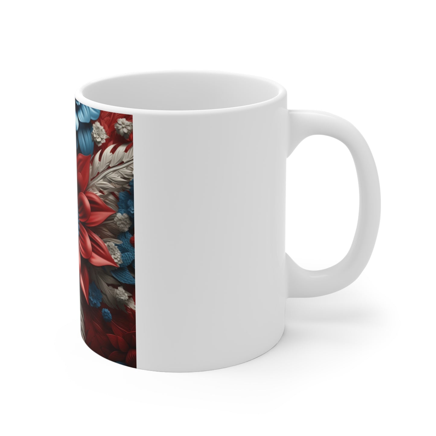 Patriotic 3D Red Blue Flower Coffee Mug – Sculpted Americana Floral Mug – Bold Modern Botanical Cup – Premium Statement Mug Floral Elegance 11oz Coffee Mug — Red & Blue Botanical Pattern