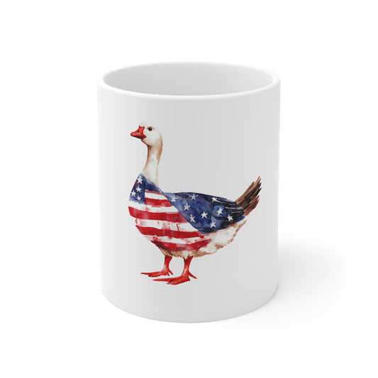 Patriotic Goose 11oz Mug — American Flag Watercolor Coffee Cup
