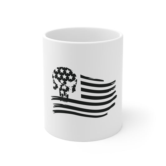 Blacked Out American Flag Skull Mug – Subtle Patriotic Skull Coffee Mug – Dark Tactical USA Cup – Distressed Flag Skull Mug Mug 11oz