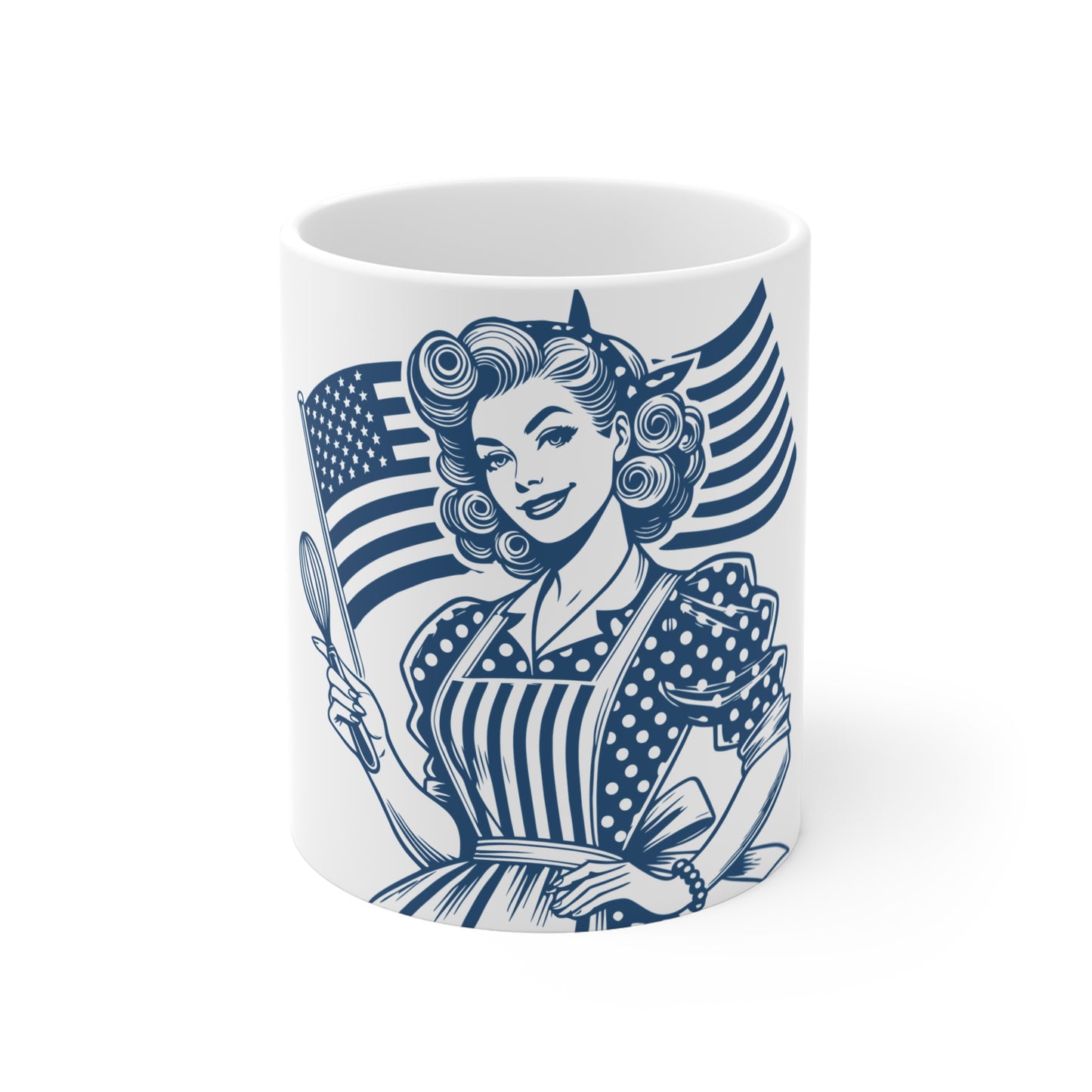 Patriotic American Baker Coffee Mug – Vintage Americana Woman with Flag Mug – Retro USA Kitchen Pride Cup – Baking Gift Mug – Classic Homemaker Coffee Cup Mug 11oz