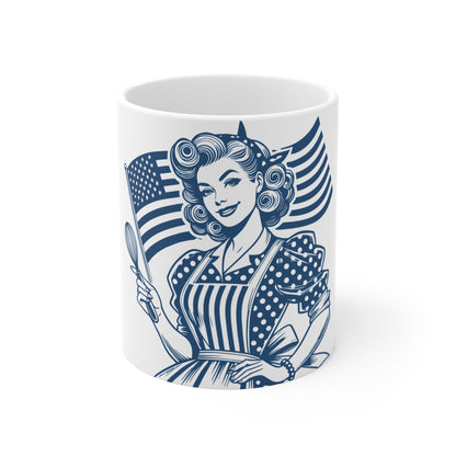 Patriotic American Baker Coffee Mug – Vintage Americana Woman with Flag Mug – Retro USA Kitchen Pride Cup – Baking Gift Mug – Classic Homemaker Coffee Cup Mug 11oz