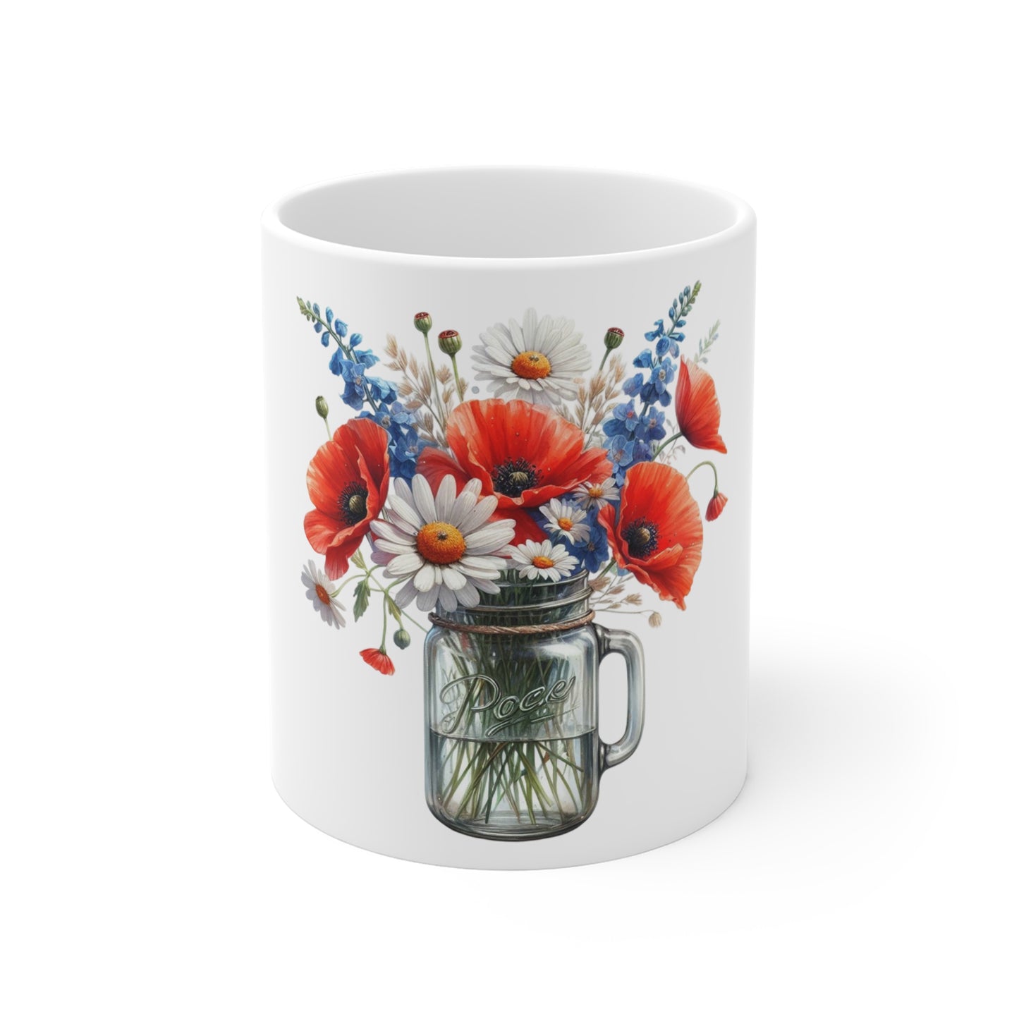 Patriotic Poppy & Daisy Mason Jar Coffee Mug – Red White Blue Wildflower Mug – Americana Floral Bouquet Cup – Summer Gift Mug Floral Mason Jar Mug — Poppies & Daisies 11oz