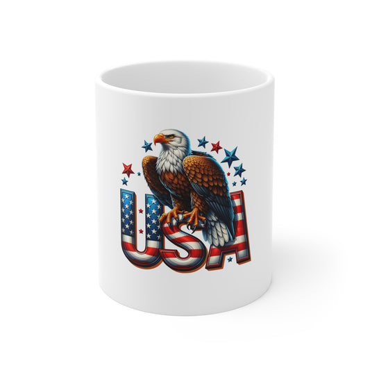 USA Eagle Coffee Mug — Patriotic 11oz Ceramic Mug with Bald Eagle and Stars
